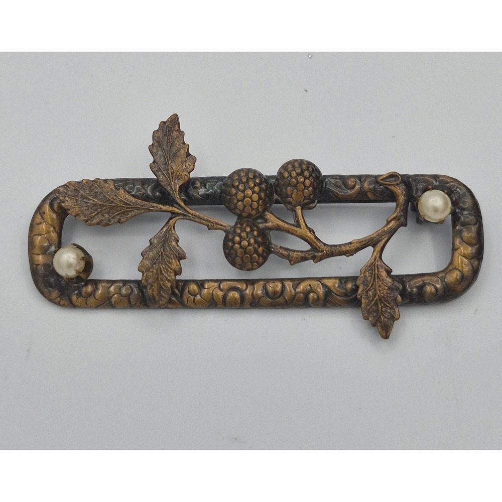 Antique Brooch Edwardian Berry Leaf Faux Pearl Bronze Tone Openwork Pin